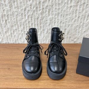 CHANEL Black Lace-Up Ankle Boots